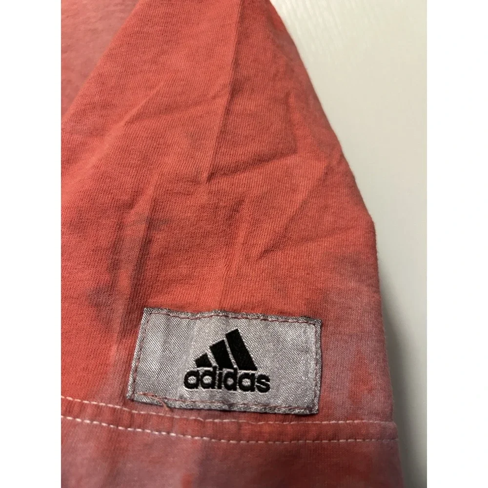 Adidas Shirt Mens S Tie Dye Spell Out Logo Soccer Graphic Tee Pink Red Ombre Y2K